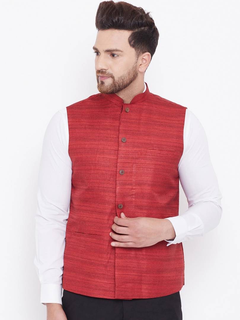 Men's Maroon 
Silk Blend
 Woven Design Nehru Jackets